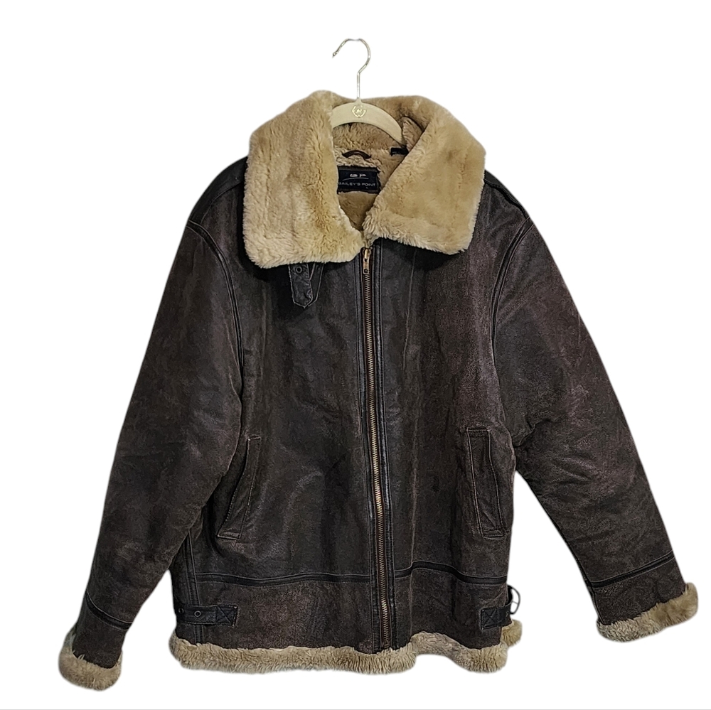 Vintage leather jacket brown faux fur Aviator oversized boyfriend 90s grunge XL